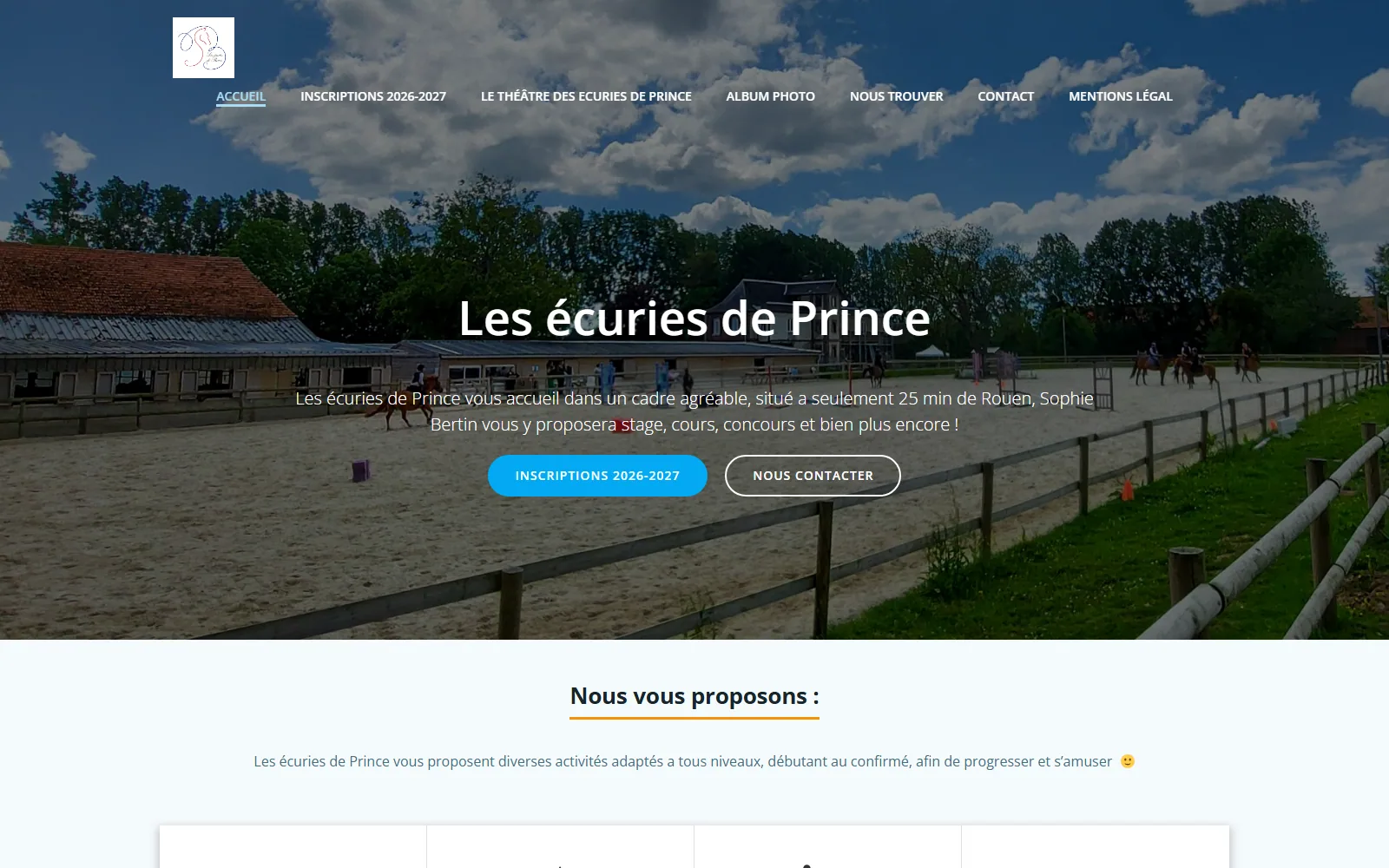 Page d’accueil du site Les Écuries de Prince présentant le centre équestre